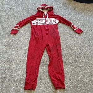 Pink brand onesie. In red